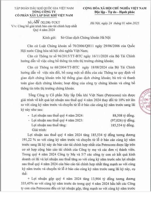 PVX - CBTT Báo cáo tài chính hợp nhất và văn bản giải trình quý IV năm 2024